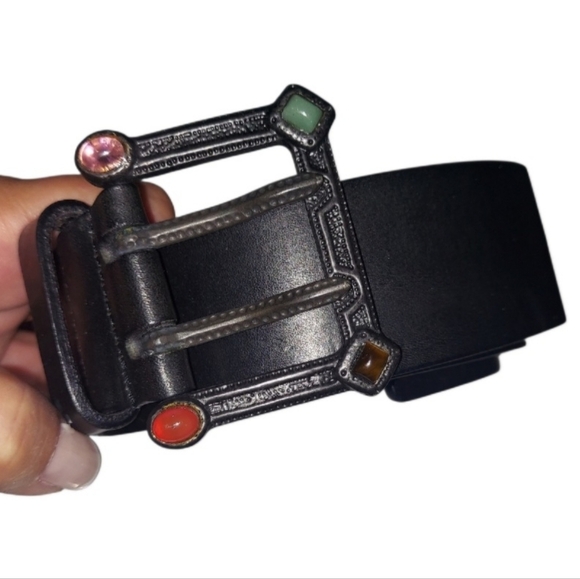 Valentino Garavani Black Leather Belt with Multicolor Gemstone Buckle main image 4